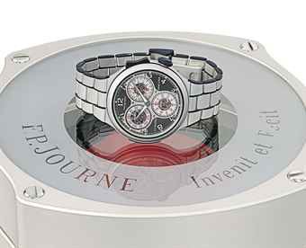 F.P. Journe. A fine and rare aluminium and rubber, scratch-resistant chronograph wristwatch with 100th of a second, 20 seconds and 10 minutes registers, patented rocker for re-set at two o'clock, power reserve, bracelet, warranty and box