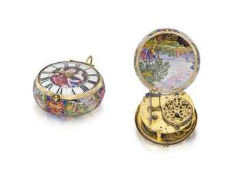 Jacob and Bulet. A very rare 20K gold and enamel early balance spring verge watch with Barrow regulator, the enamel scenes depicting the rapt of Cephalus by Aurora