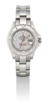 ROLEX. A LADY'S STAINLESS STEEL AUTOMATIC WRISTWATCH WITH SWEEP CENTRE SECONDS, DATE, BRACELET AND PLATINUM BEZEL