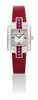 AUDEMARS PIGUET. A LADY'S FINE AND RARE 18K WHITE GOLD, DIAMOND AND RUBY-SET SQUARE WRISTWATCH WITH MOTHER-OF-PEARL DIAL
