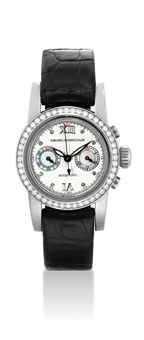 GIRARD-PERREGAUX. A LADY'S 18K WHITE GOLD AND DIAMOND-SET AUTOMATIC CHRONOGRAPH WRISTWATCH