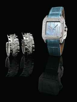 CARTIER. A LADY'S FINE 18K WHITE GOLD AND DIAMOND-SET SQUARE AUTOMATIC WRISTWATCH WITH SWEEP CENTRE SECONDS AND MOTHER-OF-PEARL DIAL AND A PAIR OF 18K WHITE GOLD AND DIAMOND-SET EARRINGS