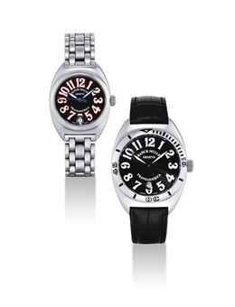 FRANCK MULLER. A PAIR OF STAINESS STEEL AUTOMATIC WRISTWATCHES WITH SWEEP CENTRE SECONDS AND DATE