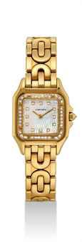 CARTIER. A LADY'S 18K GOLD AND DIAMOND-SET SQUARE WRISTWATCH WITH MOTHER-OF-PEARL DIAL AND BRACELET