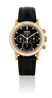 PATEK PHILPPE. A FINE AND VERY RARE 18K GOLD AND DIAMOND-SET PERPETUAL CALENDAR CHRONOGRAPH WRISTWATCH WITH MOON PHASES, LEAP YEAR INDICATION AND ORIGINAL CERTIFICATE