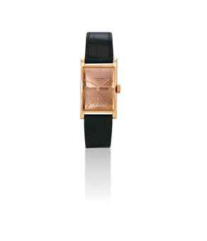 PATEK PHILIPPE. A FINE AND RARE 18K PINK GOLD RECTANGULAR WRISTWATCH WITH ROSE DIAL