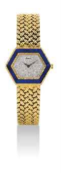 PIAGET. A LADY'S 18K GOLD, LAPIS LAZULI AND DIAMOND-SET HEXAGONAL BRACELET WATCH