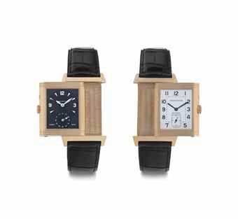 Jaeger-LeCoultre. An 18k Pink Gold Reversible Double-Dialed Wristwatch with Second Time Zone and 24-Hour Display
