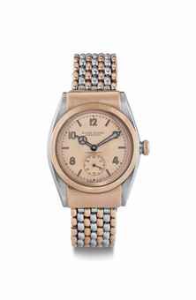 Rolex. A Stainless Steel and 18k Pink Gold Automatic Bubble Back Wristwatch with Hooded Lugs, Rose Dial, and Bracelet