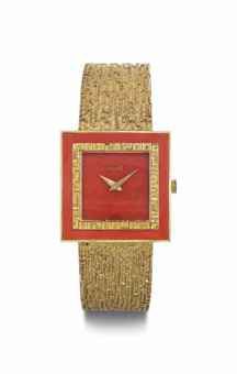 Piaget. An 18k Gold Square-Shaped Wristwatch with Coral Dial and Bracelet