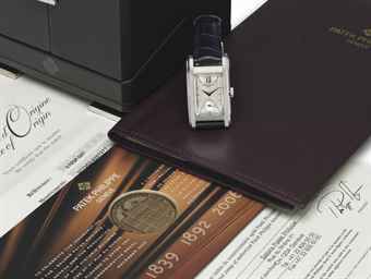 Patek Philippe. A Fine and Rare Rectangular Platinum Limited Edition Wristwatch with Certificate, Attestation, and Box, Made for the 2006 Reopening of the Salons Patek Philippe in Geneva