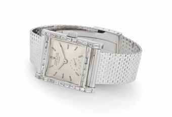 Patek Philippe. A Very Fine and Rare Platinum and Diamond-Set Square Wristwatch with Platinum Bracelet