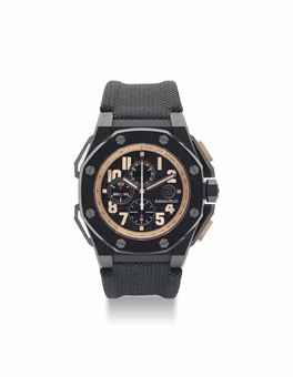 AUDEMARS PIGUET. A FINE AND RARE 18K PINK GOLD, TITANIUM AND CERAMIC LIMITED EDITION AUTOMATIC CHRONOGRAPH WRISTWATCH WITH DATE