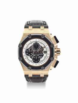 AUDEMARS PIGUET. A FINE AND RARE 18K PINK GOLD LIMITED EDITION SEMI-SKELETONISED AUTOMATIC CHRONOGRAPH WRISTWATCH WITH DATE