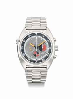 Omega. A rare stainless steel tonneau-shaped chronograph wristwatch with multi-coloured dial and bracelet