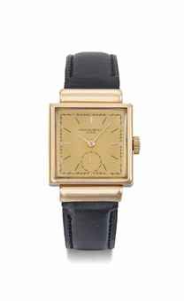 Patek Philippe. A fine and rare 18K pink gold square wristwatch with hooded lugs, sliding sides and pink dial