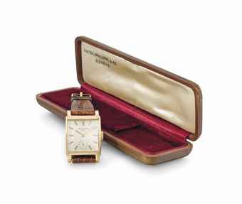 Patek Philippe. An unusual 18K pink gold square wristwatch with original fitted box