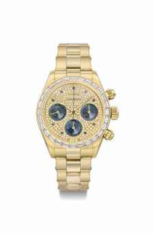 Rolex. A very important, extremely rare and highly attractive 18K gold, diamond and sapphire-set chronograph wristwatch with bracelet