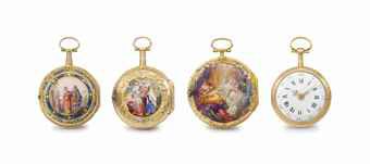 Coulin & Bry, L'Epine, Dufalga. A lot of four 18K gold and enamel openface verge watches