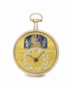 Bordier & LeRoy. A very fine 18K pink gold openface quarter repeating watch with two jaquemarts and an automaton scene