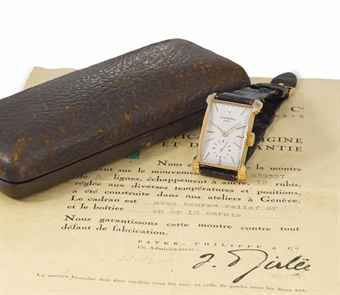 Patek Philippe. A fine 18K pink gold rectangular wristwatch with original certificate and box