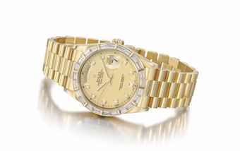 Rolex. A rare 18K gold and diamond-set automatic wristwatch with sweep centre seconds, day, date, bracelet and guarantee