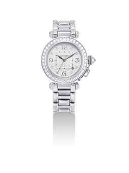 CARTIER. A LADY'S FINE 18K WHITE GOLD AND DIAMOND-SET AUTOMATIC WRISTWATCH WITH SWEEP CENTRE SECONDS, DATE AND BRACELET
