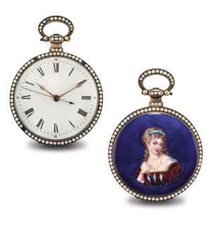 JUVET. A FINE GILT, ENAMEL AND PEARL-SET OPENFACE DUPLEX WATCH WITH CENTRE SECONDS, MADE FOR THE CHINESE MARKET