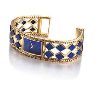PATEK PHILIPPE. A VERY FINE, RARE AND UNUSUAL 18K GOLD AND LAPIS LAZULI-SET RECTANGULAR BRACELET WATCH