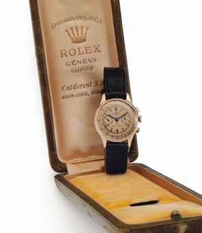 Rolex. A Rare and Unusual Mid-Size 18k Pink Gold Chronograph Wristwatch with Pink Dial and Presentation Box
