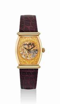 AUDEMARS PIGUET. A FINE 18K PINK GOLD TONNEAU-SHAPED SKELETONISED WRISTWATCH