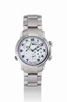 BLANCPAIN. A FINE STAINLESS STEEL AUTOMATIC DUAL TIME WRISTWATCH WITH DATE, ALARM AND POWER RESERVE INDICATION