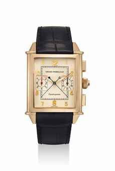 GIRARD-PERREGAUX. AN 18K PINK GOLD RECTANGULAR AUTOMATIC SPLIT SECONDS CHRONOGRAPH WRISTWATCH