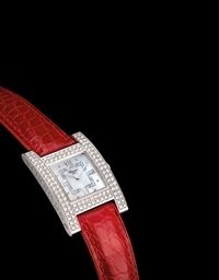 CHOPARD. A LADY'S FINE 18K WHITE GOLD AND DIAMOND-SET RECTANGULAR WRISTWATCH WITH MOTHER-OF-PEARL DIAL