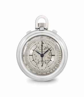 Patek Philippe. A highly unusual, small and possibly unique stainless steel openface keyless lever chronograph watch with two-tone silvered sector dial