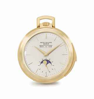 Patek Philippe. A very fine and rare 18K gold openface minute repeating keyless lever watch with linear perpetual calendar and moon phases