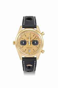Breitling. A large, rare and very fine 18K gold automatic chronograph wristwatch with date, champagne dial and pulsometre scale