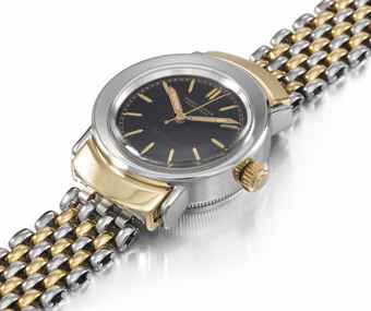 Rolex. A fine and rare stainless steel and gold automatic bubble back wristwatch with sweep centre seconds, black dial, hooded lugs and bracelet