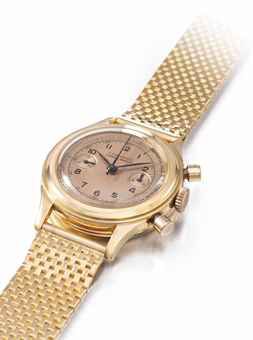 Longines. A very attractive and very rare 18K pink gold flyback chronograph wristwatch with pink dial, pulsometer and bracelet