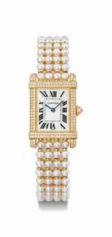 Cartier. A lady's fine and attractive 18K gold, diamond and pearl bracelet wristwatch with mother-of-pearl