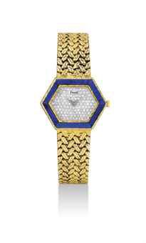 PIAGET. A LADY'S 18K GOLD, DIAMOND AND LAPIS LAZULI-SET HEXAGONAL BRACELET WATCH