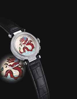 CARTIER. A FINE AND RARE 18K WHITE GOLD AND DIAMOND-SET LIMITED EDITION AUTOMATIC WRISTWATCH WITH SWEEP CENTRE SECONDS AND CLOISONNÉ ENAMEL DIAL