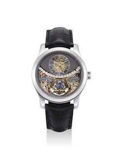 JAEGER-LECOULTRE. A FINE AND VERY RARE 18K WHITE GOLD LIMITED EDITION SEMI-SKELETONISED TOURBILLON WRISTWATCH WITH RETROGRADE DATE, POWER RESERVE AND EQUATION OF TIME