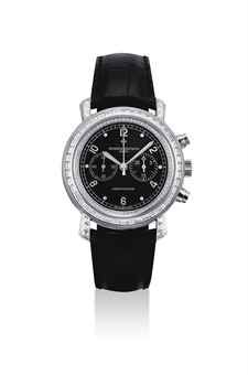 VACHERON CONSTANTIN. A VERY FINE AND RARE 18K WHITE GOLD AND DIAMOND-SET LIMITED EDITION CHRONOGRAPH WRISTWATCH WITH BLACK DIAL
