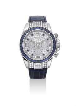 ROLEX. AN 18K WHITE GOLD, DIAMOND AND SAPPHIRE-SET CHRONOGRAPH WRISTWATCH