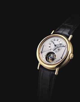 BREGUET. A FINE AND RARE 18K GOLD TOURBILLON WRISTWATCH WITH POWER RESERVE AND RETROGRADE 24 HOUR INDICATION