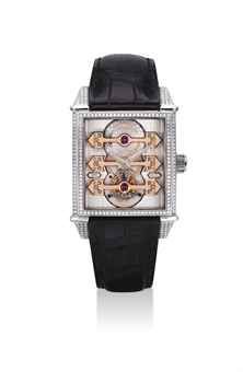 GIRARD-PERREGAUX. A VERY FINE AND RARE 18K WHITE GOLD AND DIAMOND-SET RECTANGULAR AUTOMATIC THREE GOLD BRIDGES TOURBILLON WRISTWATCH