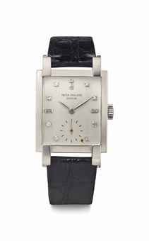 Patek Philippe. A Fine and Rare Platinum and Diamond-Set Rectangular Wristwatch