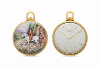 Patek Philippe. A Fine, Rare and Unique 18k Gold and Enamel Départ à la C hasse Openface Keyless Lever Pocket Watch