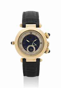 CARTIER. AN 18K GOLD WRISTWATCH WITH SWEEP CENTRE SECONDS, ALARM, DATE AND MOON PHASES